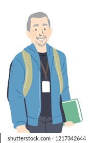 Illustration of a Senior Man Wearing Backpack and Holding a Book Going Back to School