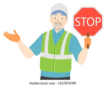 Illustration of a Senior Man Wearing Gloves and Vest Holding a Stop Sign as a Crossing Guard