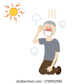 Illustration of a senior man wearing a mask and likely to have heat stroke