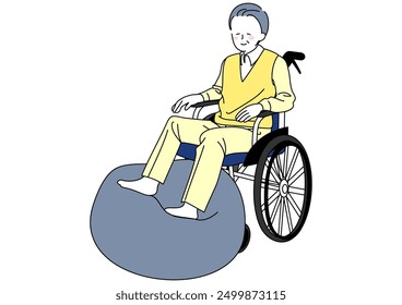 Illustration of a senior man in a wheelchair doing rehabilitation on a balance ball.