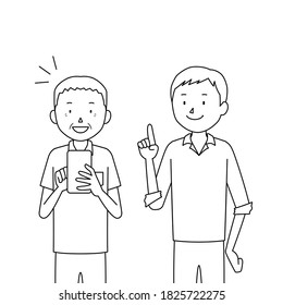 Illustration of a senior man who asks his son to teach him how to use a smartphone (I understand how to use it!)