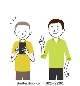 Illustration of a senior man who asks his son to teach him how to use a smartphone (I understand how to use it!)