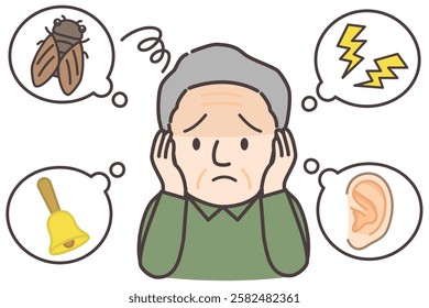 Illustration of a senior man who is bothered by tinnitus and noise.