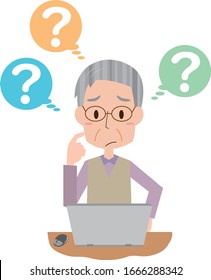Illustration of a senior man who does not know how to use a personal computer