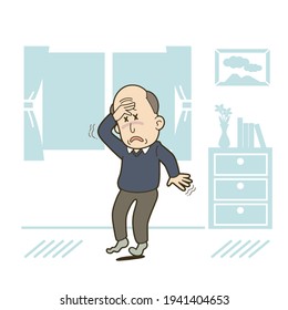 Illustration of a senior man who gets dizzy indoors. Vector illustration on white background.