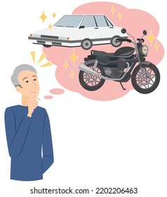 It Is An Illustration Of A Senior Man Who Has A Longing For Motorcycles And Cars.