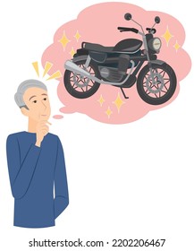 It Is An Illustration Of A Senior Man Who Has A Longing For A Motorcycle.