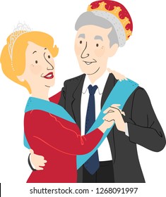 Illustration of a Senior Man and Woman Couple Wearing King and Queen Crown and Dancing