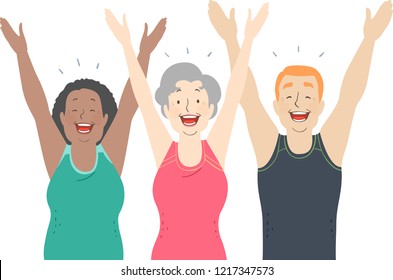 Illustration of Senior Man and Woman with Hands Up and Happy During a Yoga Pose