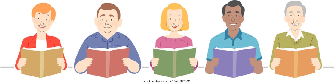 Illustration of Senior Man and Woman Reading a Book Sitting in a Row as Border