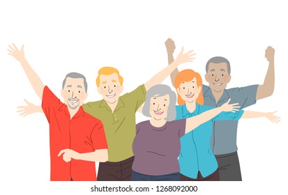 Illustration of Senior Man and Woman Smiling and with Hands Up