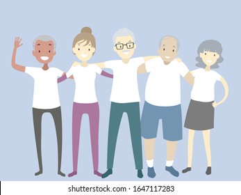 Illustration of Senior Man and Woman Wearing White Shirts in a Group Hug During their Reunion Party