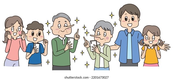 It is an illustration of a senior man and woman who are good at operating smartphones and have a high nose, and a family they respect.