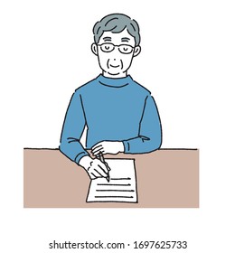 Illustration of a senior man writing a letter