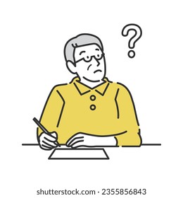 Illustration of a senior man writing while thinking