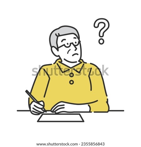 Illustration of a senior man writing while thinking