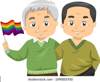 Illustration of Senior Men Couple Holding an LGBT Flag