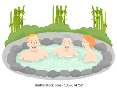 Illustration of Senior Men Sitting Down In an Outdoor Onsen Bath