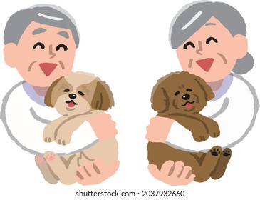 Illustration of senior men and women in plain clothes holding a dog