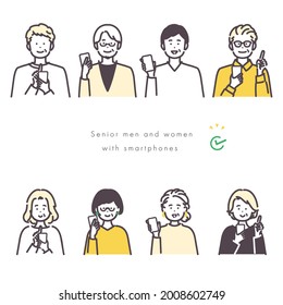 Illustration of senior men and women using smartphone. vector.