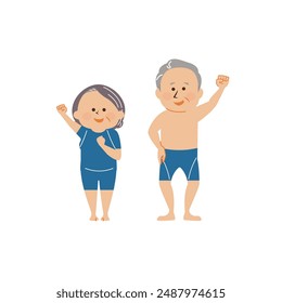 Illustration of senior men and women wearing swimsuits and posing with fist pump