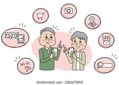 It is an illustration of senior men and women who operate smartphones, and simple icons of the app.