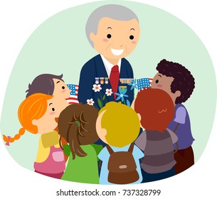 Illustration Of A Senior Military Veteran With Badges Surrounded By Kids