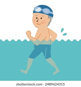 Illustration of a senior walking underwater