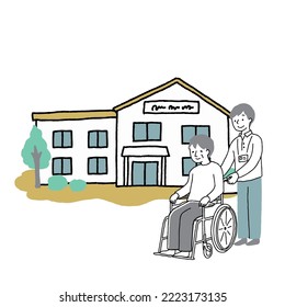 Illustration of a senior in a wheelchair, a caregiver, and a welfare facility