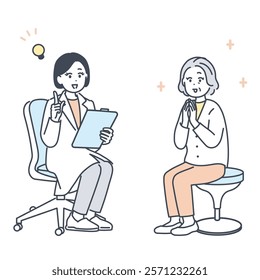 Illustration of senior woman consulting doctor and feeling reassured.vector.