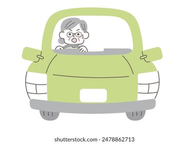 Illustration of a senior woman in danger while driving a car.