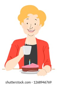 Illustration of a Senior Woman Drinking a Cup of Coffee with a Slice of Birthday Cake with Candle