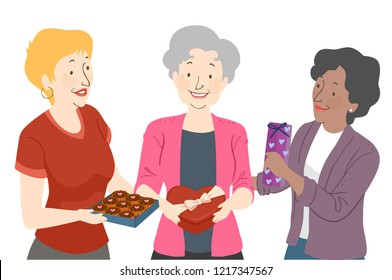 Illustration of Senior Woman Exchanging Chocolates on Valentines Day