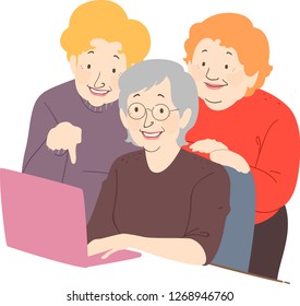 Illustration of Senior Woman with Friends Behind using a Laptop
