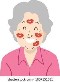 Illustration of a Senior Woman or Grandmother with Kisses or Kiss Marks on Her Face from Grandkids