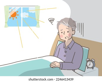 Illustration of senior woman having a hard time getting up in the morning