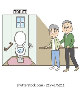 It is an illustration of a senior woman heading to the bathroom at home and a senior man accompanying her.