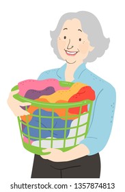 Illustration of a Senior Woman Holding and Carrying a Basket Full of Laundry