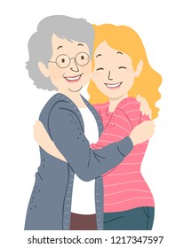 Illustration of a Senior Woman Hugging Her Granddaughter, a Teenage Girl