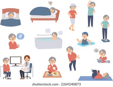 Illustration of senior woman living in a healthy life