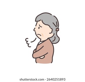 Illustration of a senior woman looking to the side and sighing.