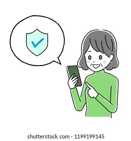 Illustration of a senior woman operating a smart phone