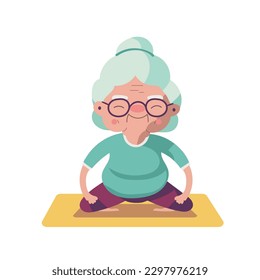 Illustration of senior woman practicing yoga exercises. Healthy lifestyle. Cute grandmother in lotus position. Sport at home. Vector on white