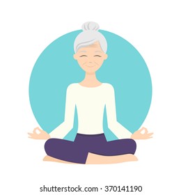  Illustration of senior woman practicing yoga exercises. Healthy lifestyle.
