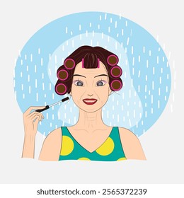 Illustration of senior woman put on make up to her face with pink hair rollers, hand holding eye shadow