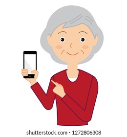 Illustration of a senior woman and a smartphone.