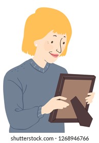 Illustration of a Senior Woman Smiling and Looking at a Picture Frame