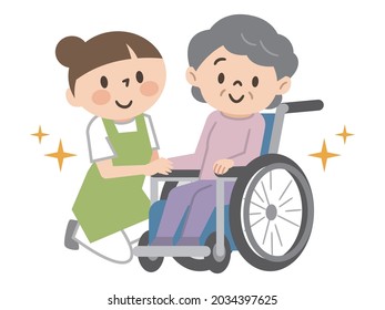 Illustration of a senior woman in a smiling wheelchair and a caregiver woman snuggling up