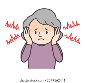 Illustration of a senior woman suffering from tinnitus.