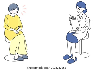 Illustration of a senior woman talking to a doctor